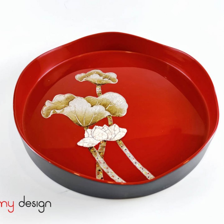 Red round lacquer tray hand-painted with lotus